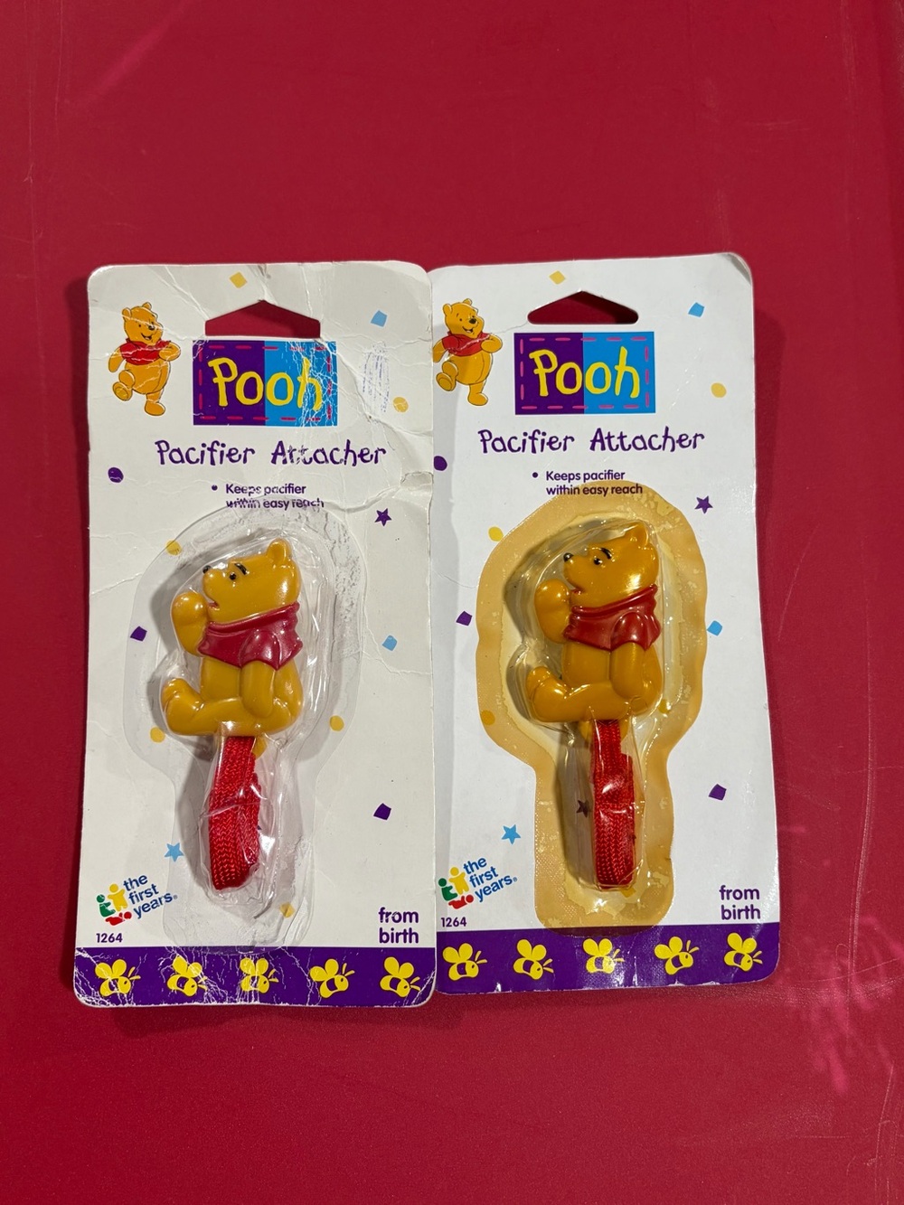 Vintage  Pooh Yellow Pacifier Attacher with Red Strap - set of 2